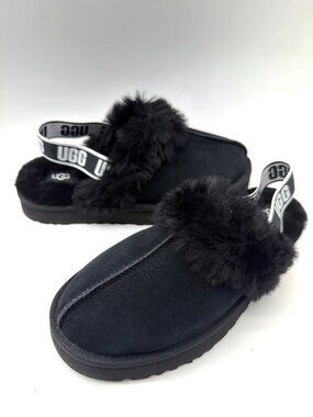 UGG Funkette Black Shearling Slippers Kids Size 5